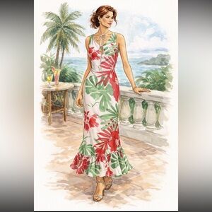 FIORI di ZUCCA 100% Silk Floral Dress Size 8 Bias Cut High Low Fishtail Tie Neck